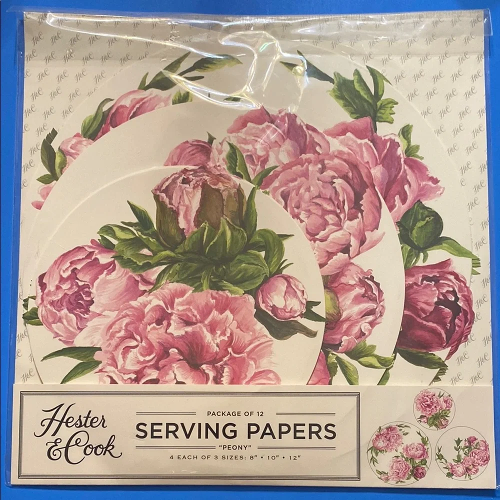 Hester & Cook “Peony” Elegant Pink and Green Floral Serving Papers Pkg of 12 NWT